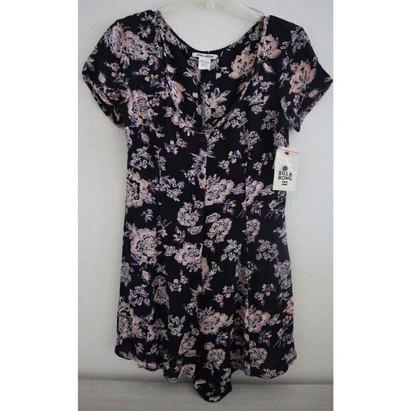 Billabong J201EFES Women's Sz S Black Floral Short Sleeve Button Front Romper - Picture 1 of 13
